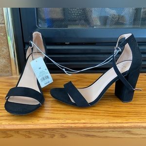 Black suede open toe heels